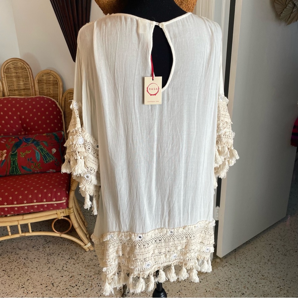 RAGA Bohemian Cream Bell Sleeve Pullover FringeTunic! Swim Coverup NWT.  Large - Picture 7 of 14